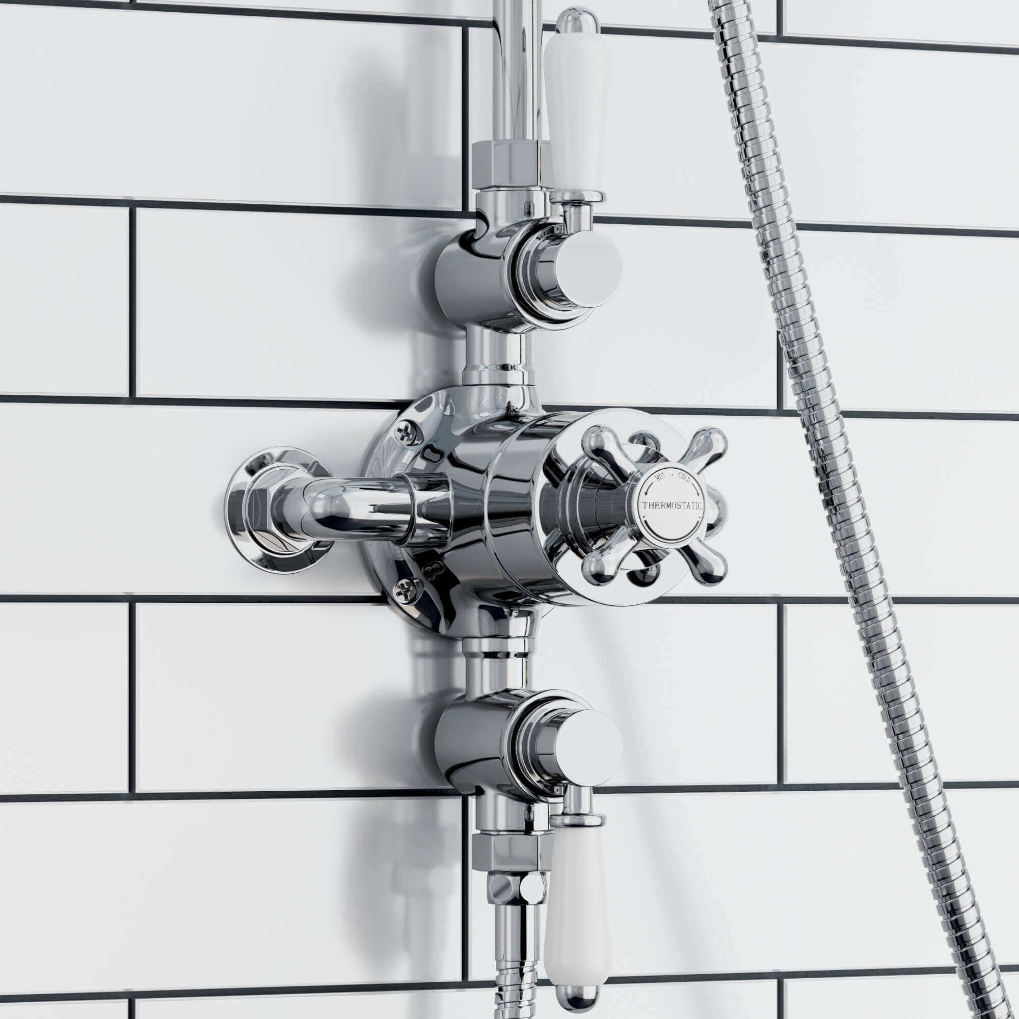 Buy Downton traditional triple thermostatic shower valve two outlet - chrome & white Online UK | HOUSE OF ENKI